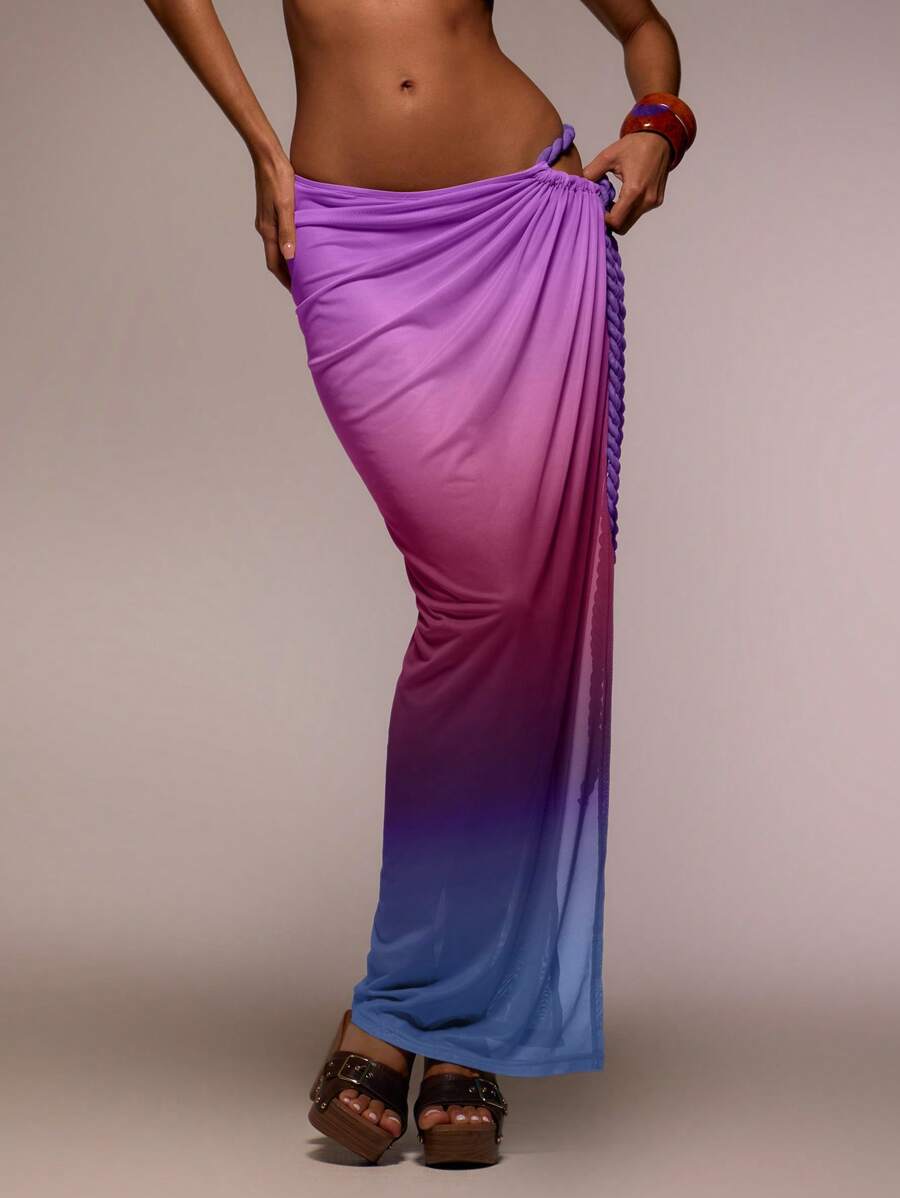 MUSERA 扭绳细节网纱印花开衩长裙，夏季，伊比沙岛，假日，可爱，节日，度假沙滩装，海滩，波西米亚风 - 玫紅色 - 查看 1