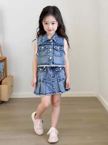 Conjunto de ropa informal para niñas jóvenes compuesto por un chaleco vaquero sin mangas con dobladillo deshilachado y lavado vintage, cómodo y versátil, con cintura elástica, y una falda plisada casual de mezclilla - Azul lavado medio - Ver 6