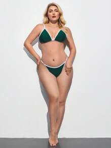 Maija Plus Size Women Summer Beach Bikini Swimsuit Set,Modest Avocado Green Solid Color Elegant Fashion Vintage Stylish Comfortable Holiday Wear - Green - View 2
