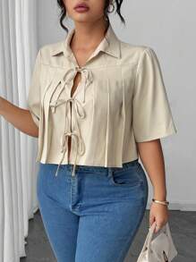Elenzga 大码女式褶皱蝴蝶结前短款优雅衬衫系带衬衫短款衬衫女士短款衬衫时尚上衣 - 駝色 - 查看 5