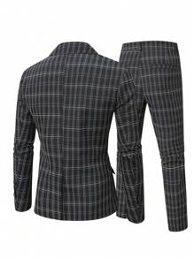 Manfinity Mode Plaid Plus Size Men 2pcs Suit Set: Jacket And Pants - Black and White - View 3