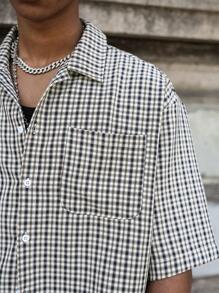 PAVTROS 男士短袖宽松廓形剪裁边缘编织格纹印花纽扣衬衫 Y2k 夹克 男士短款男士衬衫 男士短款衬衫 男士短款纽扣街头服饰 男士衬衫，街头服饰 - 彩色 - 查看 6