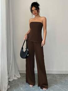 INAWLY 2 件套女士纯色抹胸上衣和休闲裤 - 棕色 - 查看 3