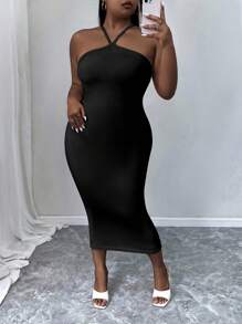 INAWLY Plus Size Women's Solid Color Sleeveless Maxi Halter Dress, Summer - Black - View 1