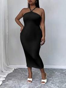 INAWLY Plus Size Women's Solid Color Sleeveless Maxi Halter Dress, Summer - Black - View 3