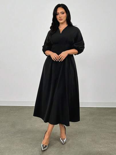 Firerie Plus Size Elegant Commuter Solid Color Lantern Sleeve Black Dress,Wedding Guest Dress Women