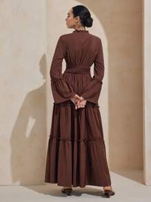 Graceveil 女式超长荷叶边喇叭袖 A 字中长连衣裙，收腰，春夏 - 棕色 - 查看 2