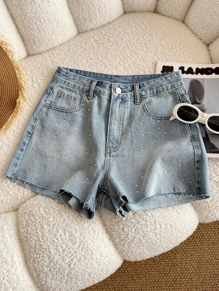 Women's Summer Rhinestone Frayed Hem Casual Denim Shorts, Street Style Leisure Shorts