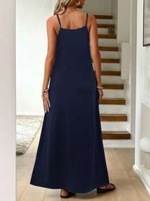 Easowa Women's Solid Color Stretch Knit Contrast Ribbon Casual Holiday Maxi Slip Dress, Spring/Summer,Bohemia - Navy Blue - View 2