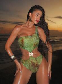 Swim SXY 新款女士金属装饰镂空单肩泳衣 - 彩色 - 查看 1