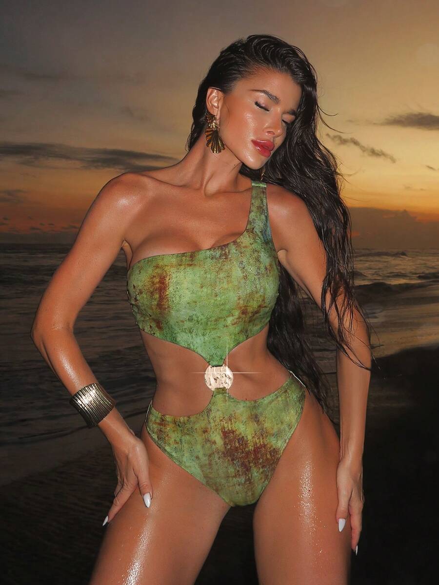 Swim SXY 新款女士金属装饰镂空单肩泳衣 - 彩色 - 查看 1