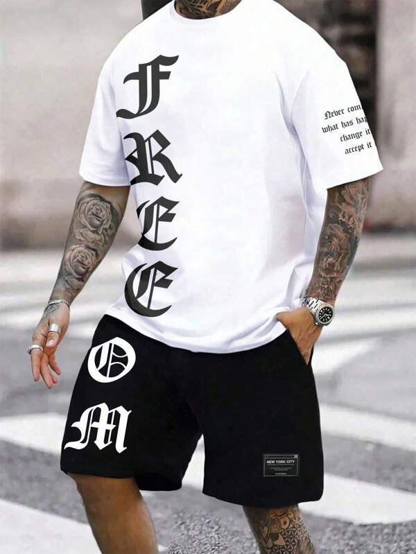 Manfinity LEGND Ensemble 2 pièces t-shirt à manches courtes avec imprimé lettres et short de couleur contrastée pour hommes