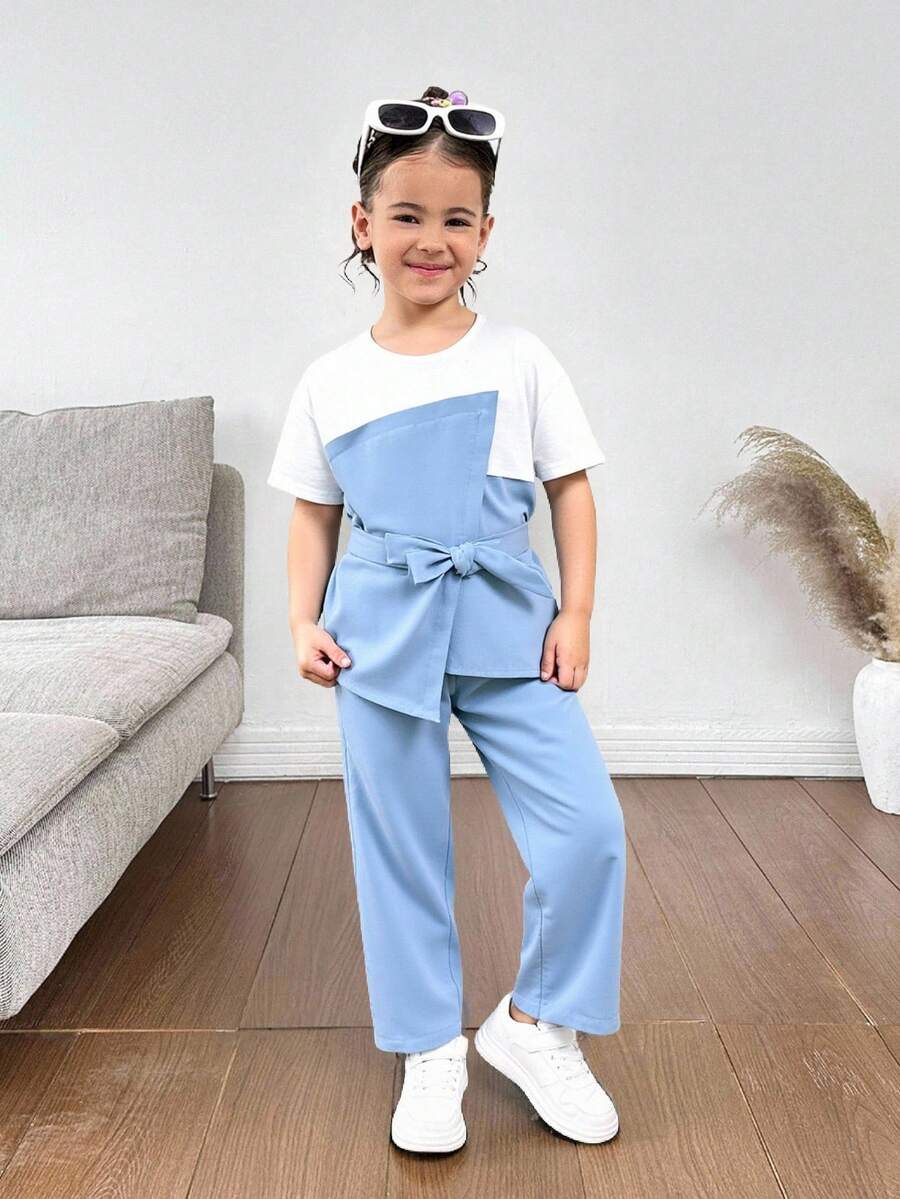 SHEIN 2pcs/Set Young Girl Knitted Colorblock Blouse And Woven Long Pants Set - Blue - View 1