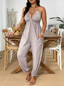 Weeklong 加大码双色花卉印花柔软针织V领连体裤，带真口袋，宽松版型，适合休闲、居家、旅行 - 卡其色 - 查看 3