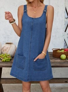 EMERY ROSE Damen lässiges ärmelloses kurzes blaues Jeans-Kleid