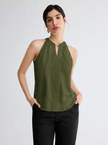 SHEIN BIZwear 纯色钥匙孔领优雅吊带背心，通勤、日常穿着皆宜，浪漫90年代复古风，适合圣诞节、新年、情人节、派对、海滩、毕业典礼、时尚、嘉年华、假日、婚礼宾客、外出、约会、聚会、音乐会、舞台表演、早餐、机场等多种场合。 - 軍綠色 - 查看 5