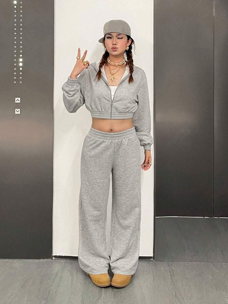 SHEIN Leap Crew Teen Girls' Casual Loose Drawstring Hoodie Cropped Sweatshirt And Sweatpants Set - Light Grey - View 1