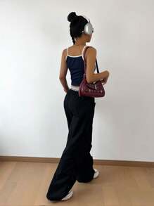 SHEIN 青少年女孩针织拼布数字印花吊带背心和褶皱休闲裤两件套 - 彩色 - 查看 2