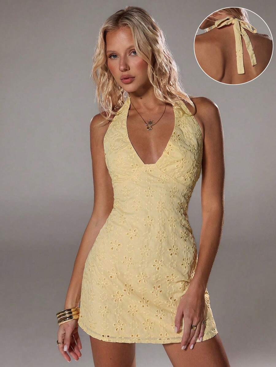 TRNVIE 浅黄色深V领挂脖A字连衣裙，春夏 - 黃色 - 查看 1