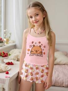 Set di canottiera aderente e pantaloncini casual minimalisti per ragazze dai 10 ai 20 anni, con motivo carino di capibara, rosa crema, adatto per l'estate