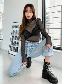 DAZY Áo lưới cổ bẻ viền rau diếp không có áo ngực, áo đi chơi, áo dài tay mỏng cho nữ, quần áo mùa thu cho nữ - màu đen - Xem 3