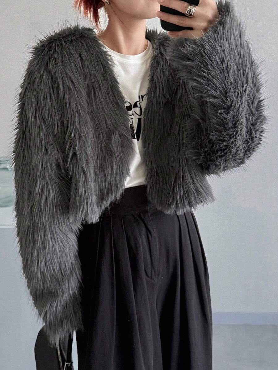 FRIFUL 女士人造毛皮开襟大衣，时尚秋冬夹克人造毛皮大衣 - 卡其色 - 查看 1