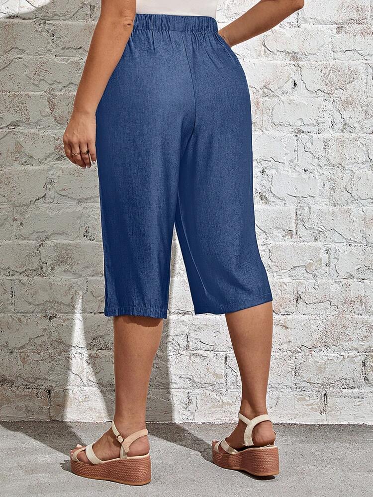Plus Solid Pocket Patched Capri Pants,Spring/Summer/Vacation