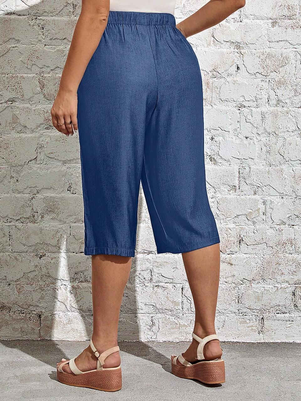 Plus Solid Pocket Patched Capri Pants,Spring/Summer/Vacation