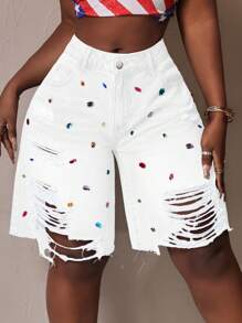 Slaydiva 女式夏季时尚水钻装饰做旧牛仔短裤