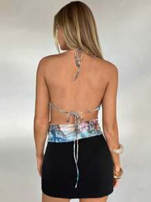 Aloruh Women's Marble Tie Dye Printed Sexy Deep V Backless Strap Beaded Pendant Halter Top, Spring/Summer - Multicolor - View 2