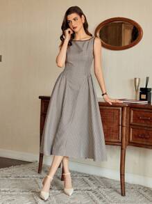 Vintamour Retro Classic Elegant Women's Dress, Spring/Summer Fitted Plaid Colorblock Sleeveless Long Dress - Coffee Brown - View 4