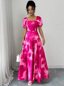 Chiquease 花卉印花腰部抽绳拼接 A 字型女式泡泡袖短袖荷叶边下摆休闲连衣裙