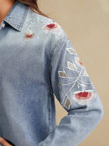 Women's Casual Denim Shirt Blue Long Sleeve Collared Button-Down With Floral Embroidery And Pocket Detail - Blue - View 4
