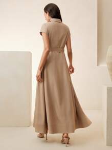 Anewsta 春夏新款女式开襟无袖刺绣碎花连衣裙（配腰带） - 卡其色 - 查看 3