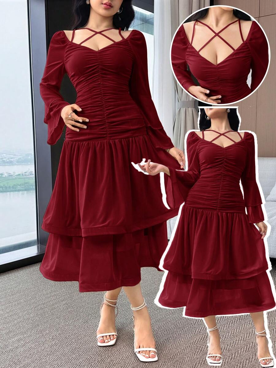 Feyla Vestido midi elegante de unicolor para mujer con diseño cruzado, manga de campana y volante en el bajo - Burdeos - Ver 1