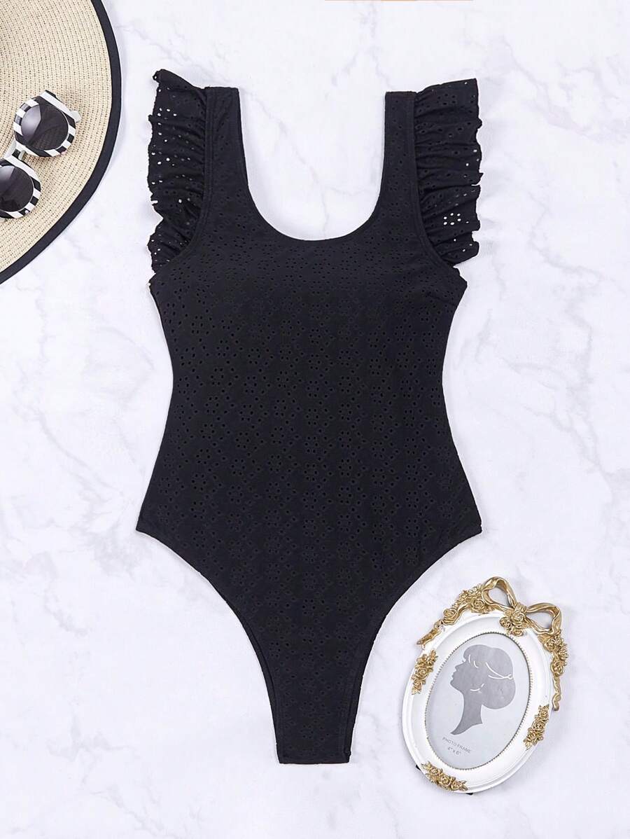 Swim Mod 1pc Women's Solid Color Round Neck Ruffled Back One-Piece Swimsuit For Summer Beach Vacation - Black - View 1