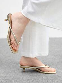 CUCCOO BIZCHIC Women's Narrow Heel Solid Color Square Toe Elegant Thong Sandals, Summer For Christmas - Gold - View 5