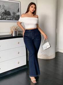 Dazy Plus Dark Wash Blue Double-Breasted Collar Elastic Slim-Fit Flare Leg Jeans, All Season - Dark Wash - View 7