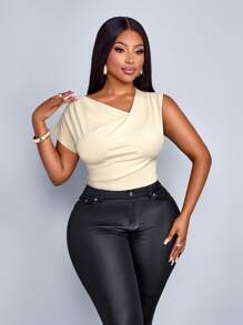 Maweii Plus Size Women's Fashion Solid Color Spring And Summer Cross Neck Casual Simple Short Sleeve T-Shirt, Versatile Tops - Apricot - View 3