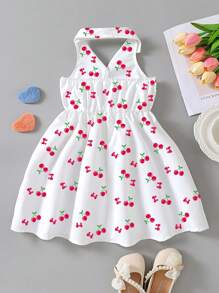 SHEIN Elladie kids 女童夏季休闲马球领挂脖露背连衣裙，优雅甜美度假风格年轻女孩礼服 - 白色 - 查看 2