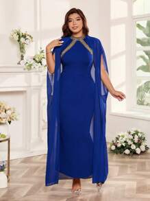 Cravure 大码蓝宝石蓝色金属蕾丝边修身长裙，正式服装 - 寶藍色 - 查看 4