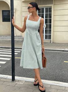 Siren Gaze Women Striped Printed Square Neck Sleeveless Mid-Calf Dress, Summer