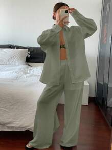 Livesso Ensemble tailleur décontracté et ample à manches longues pour femme, tenue d'été professionnelle - Vert - Voir 4