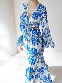 Aveloria Modichic Seaside Blue Print Bamboo Linen Dress,Deep V-Neck Tie-Waist Double-Layer Ruffle Sleeve,Slim Fit,Beige,Autumn,Boho,Tea Party,Holiday Vacation For Women - Multicolor - View 3