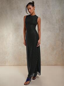COSMINA 女士优雅波尔卡圆点印花连衣裙，夏季 - 黑色 - 查看 4
