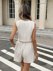 Serisse Women's Striped Single-Breasted Vest And Shorts Suit Set,Women Casual Sleeveless Short Waistcoat And Shorts Suit Set,Spring/Summer, Suitable For Daily Wear, Simple Fashion Casual Everyday Cami Tank Top And Utility Pocket Shorts Suit Set,Crepe De Chine Textured Micro Stretch Fabric,Elegant And Fashionable For Commuting,French Holiday Outfits