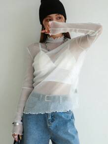 DAZY Top transparente con cuello de tortuga, recorte de lechuga y sin sujetador