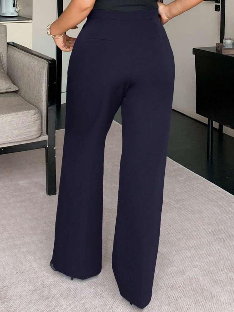 Dazy Plus Plus Size Solid Color Loose Straight Leg Casual Black Pants, All Season Long Pants Fall