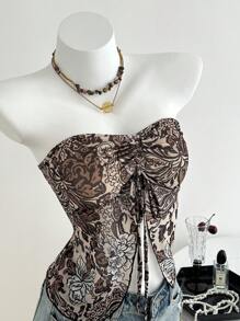 SHEIN Unity 女款花卉印花短版上衣，時尚無肩帶抽繩抹胸上衣 - 卡其色 - 查看 4