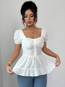 Chiquease Women Square Collar Ruffle Hem Backless Tied Waist Short Sleeve Blouse - White - View 4